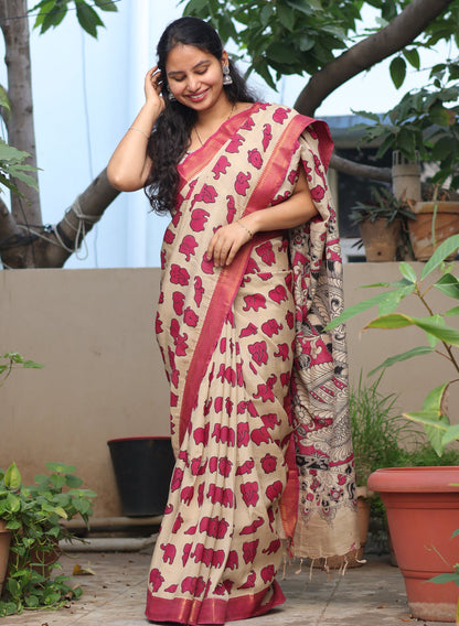 Cream & Pink Elephant Kalamkari Silk Handcrafted Nizam Border Saree