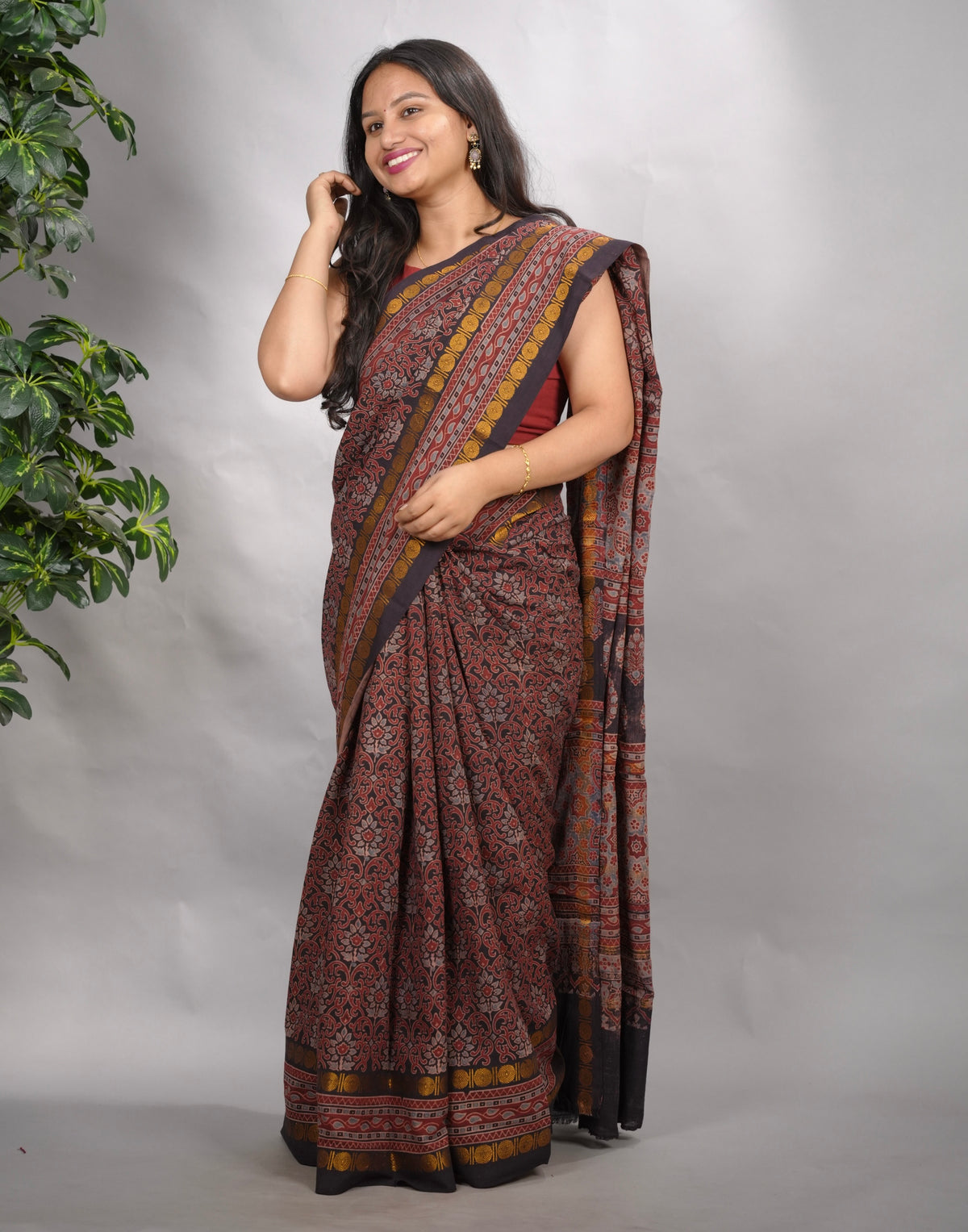 Black & Maroon Ajrakh Hand Block Printed Sungudi Cotton Saree | Looms & Tassels