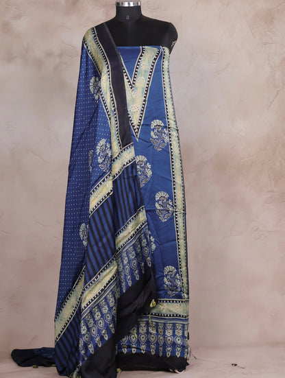 Indigo Ajrakh Handblock Printed Modal Silk 2 Piece Suit Set | Looms & Tassels