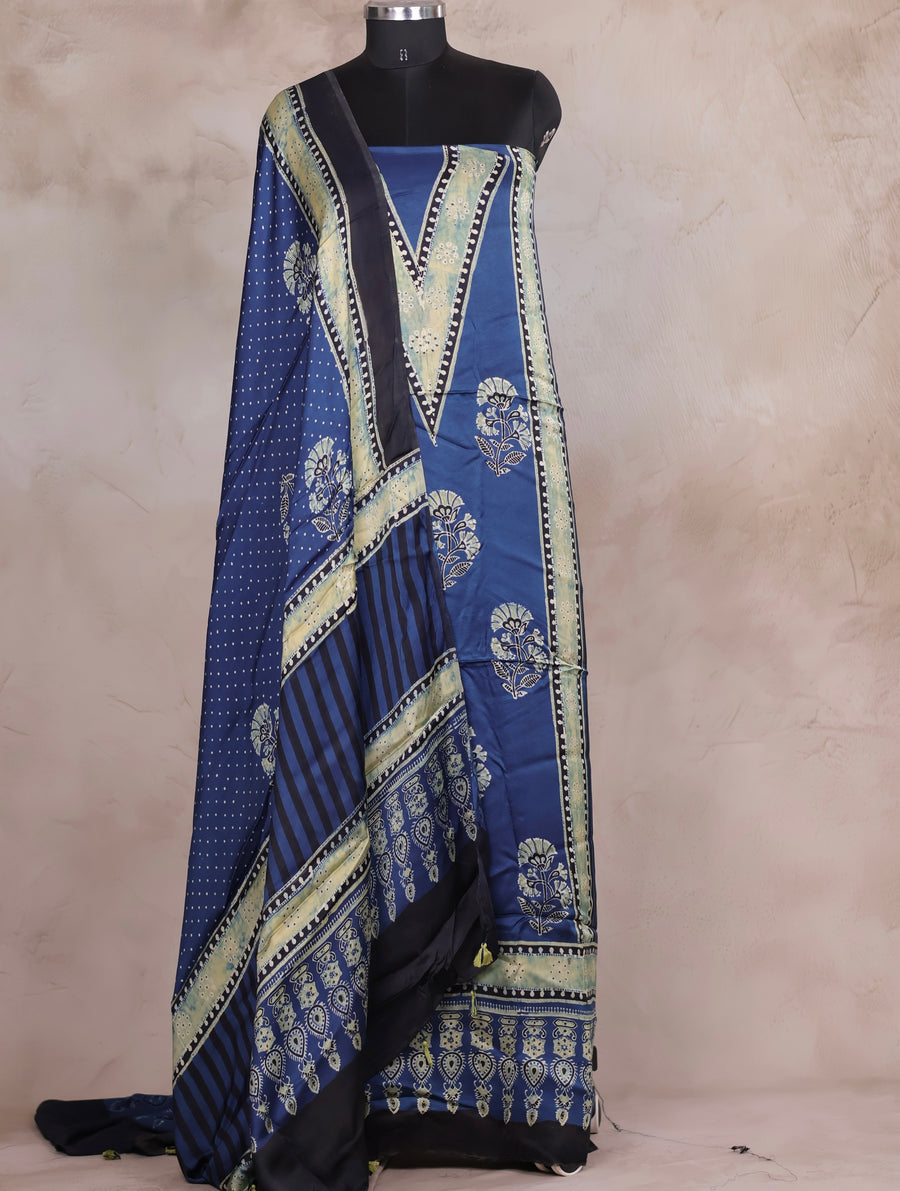 Indigo Ajrakh Handblock Printed Modal Silk 2 Piece Suit Set | Looms & Tassels
