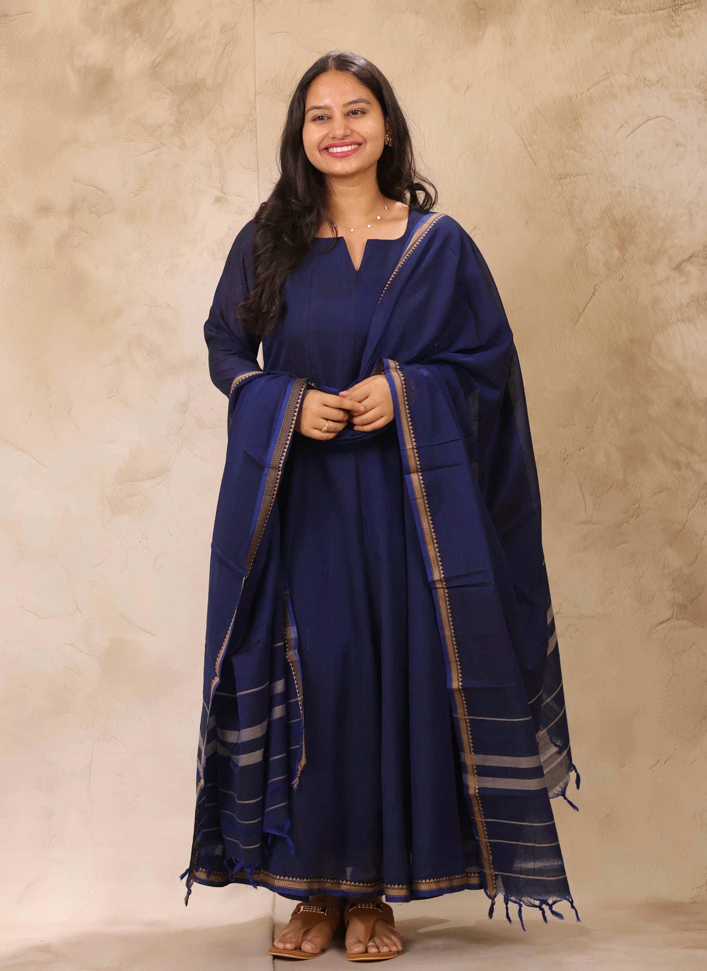 Blue Narayanpet Cotton Kali Kurta with Narayanpet Dupatta | Looms & Tassels