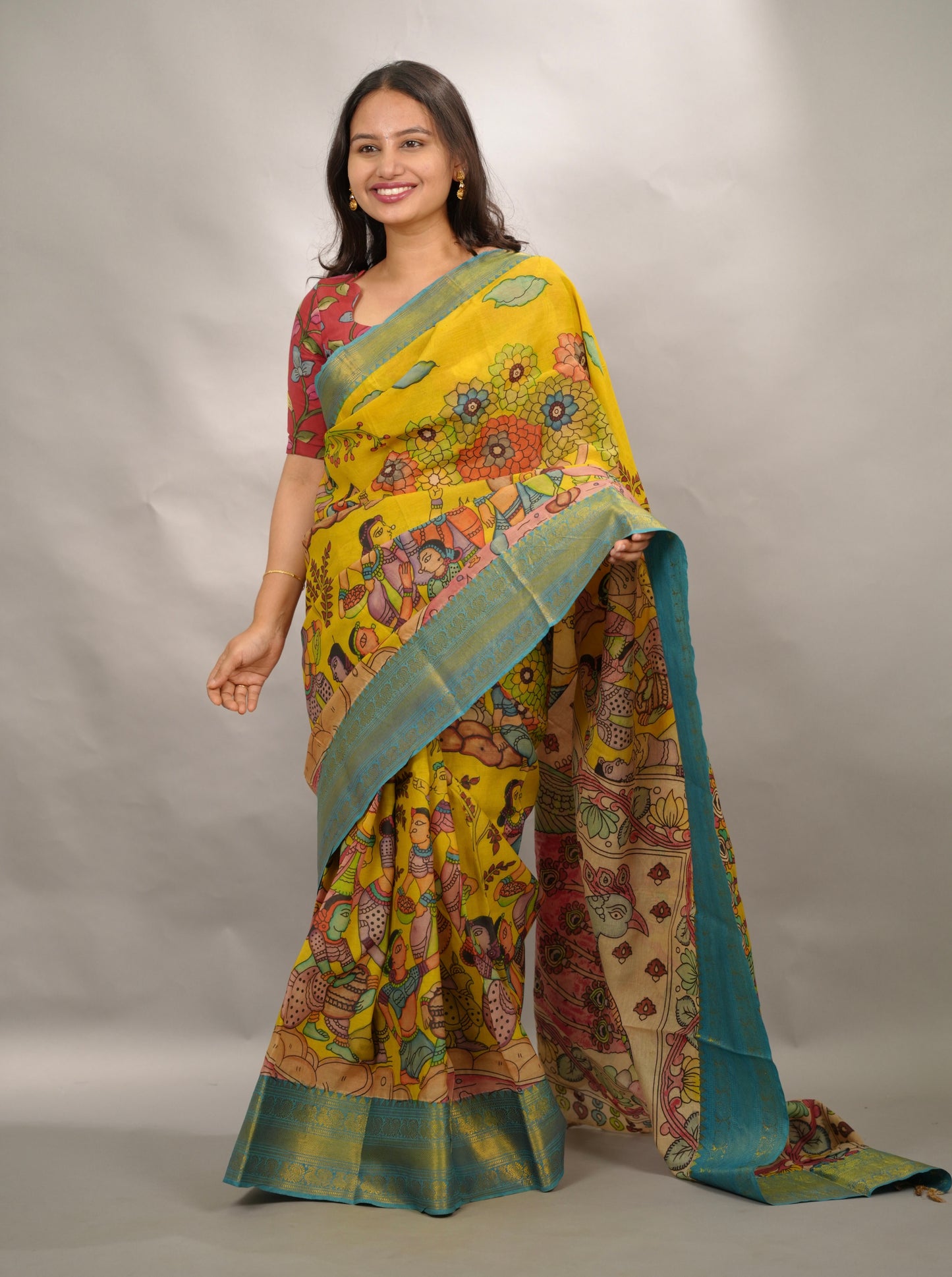 Yellow Hand Drawn Pen Kalamkari Bangalore Silk Kanchi Border Saree | Looms & Tassels