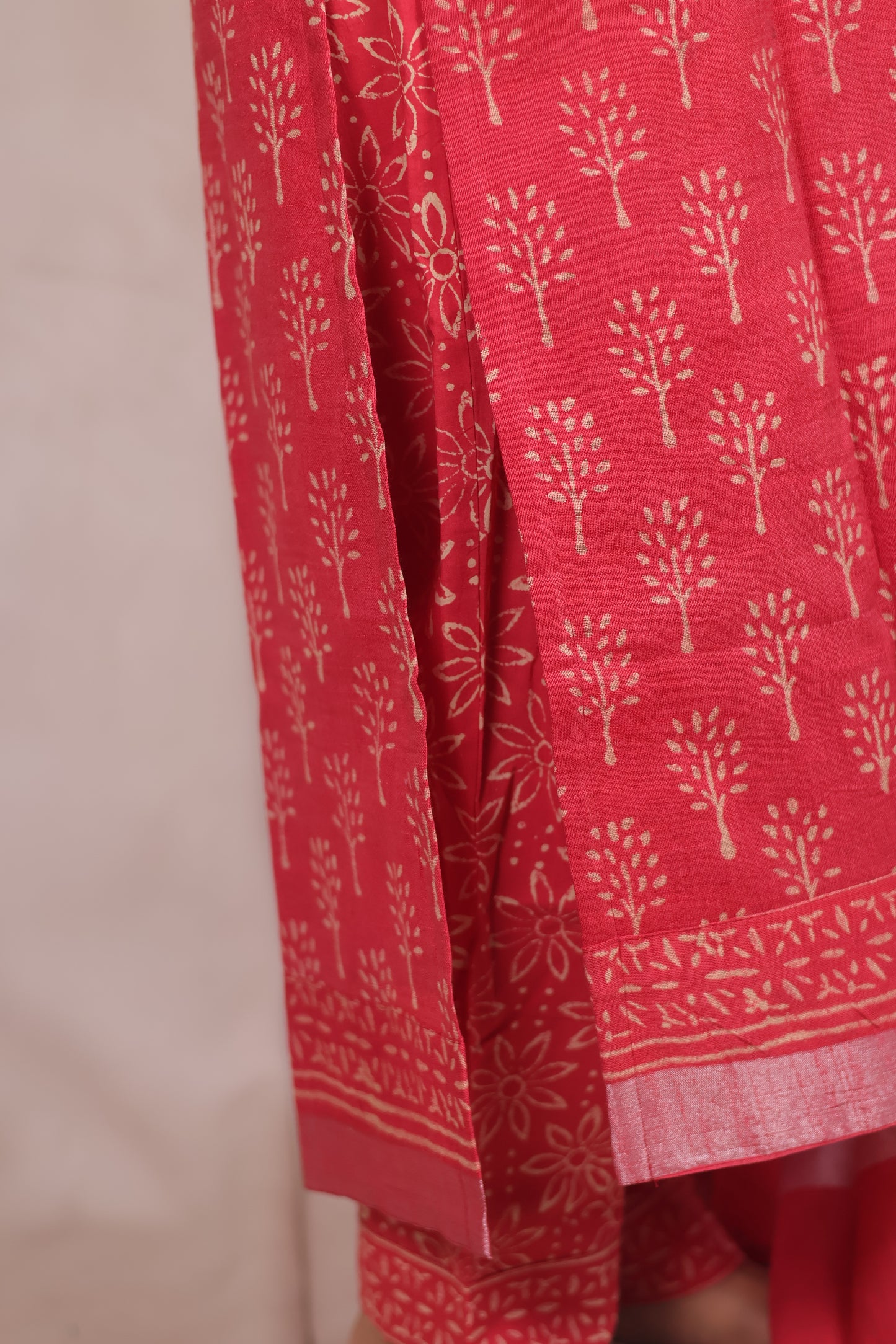 Pink Linen Cotton Handblock printed 3 piece suit (stitched)