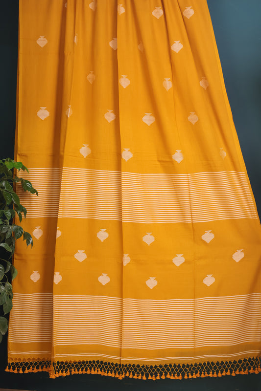 Mustard Pure Handwoven Malai Cotton Saree with Butta Weaving