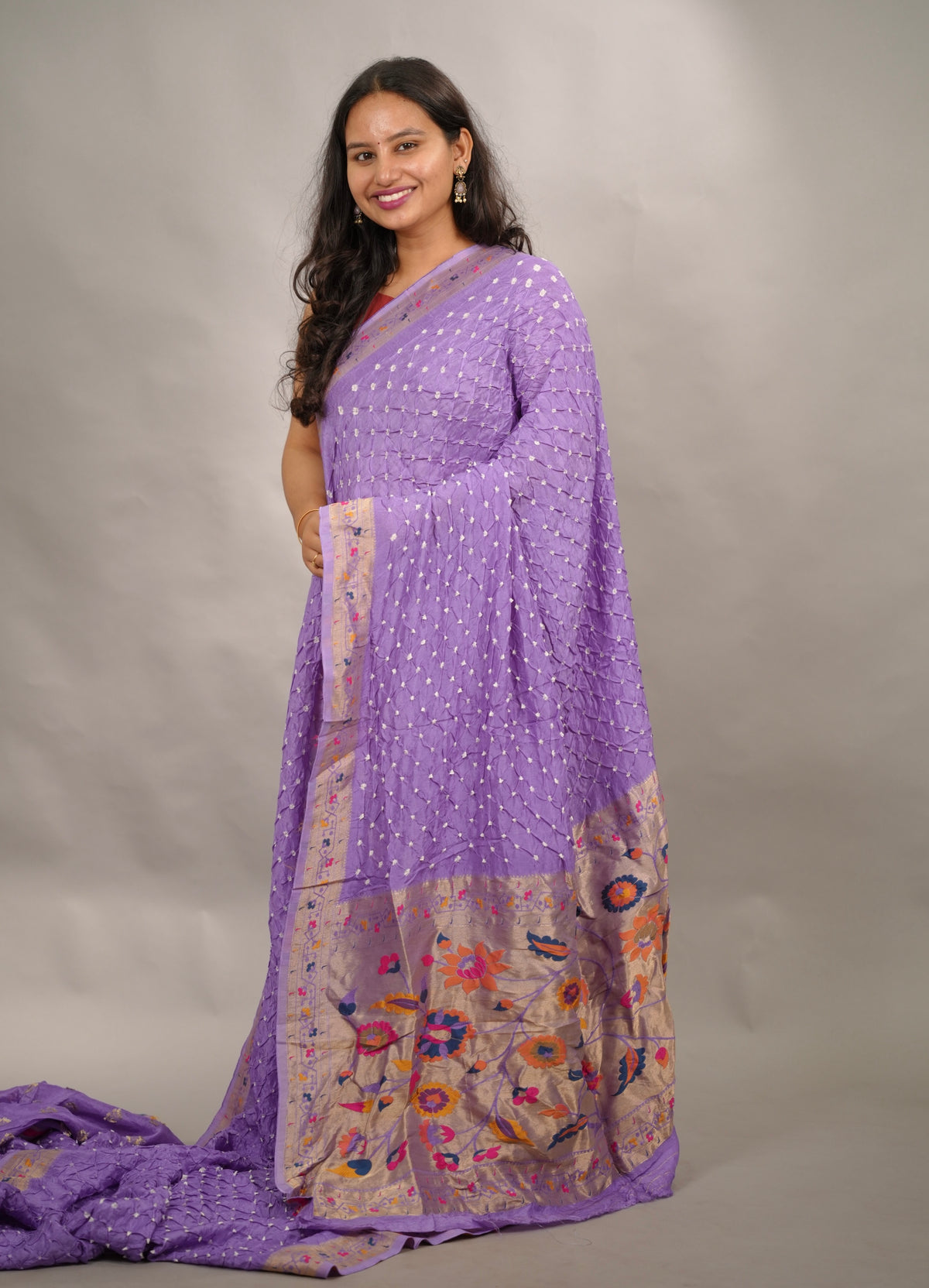Lavender Handcrafted Bandhani Paithani Dola Silk Saree | Looms & Tassels
