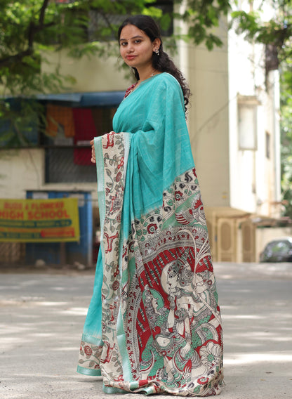 Sea Green Checks Kalamkari dyeing premium chennur silk saree