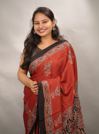 Maroon Authentic Ajrakh Handblock Printed Modal Silk Saree | Looms & Tassels
