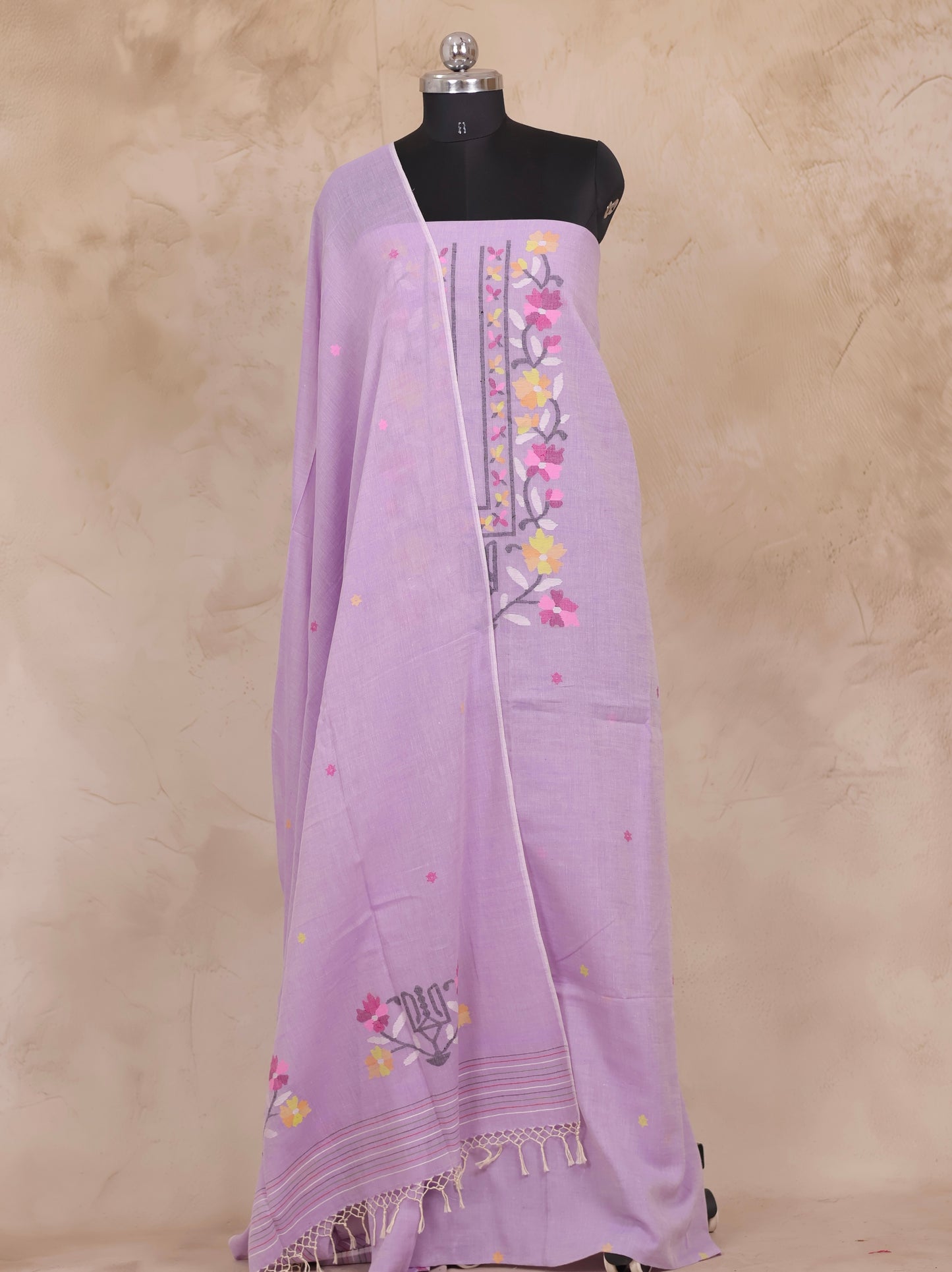 Lavender Handwoven Jamdhani weaving pure Malai cotton 2 piece suit sets | Looms & Tassels
