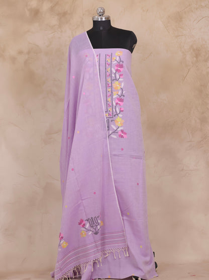 Lavender Handwoven Jamdhani weaving pure Malai cotton 2 piece suit sets | Looms & Tassels