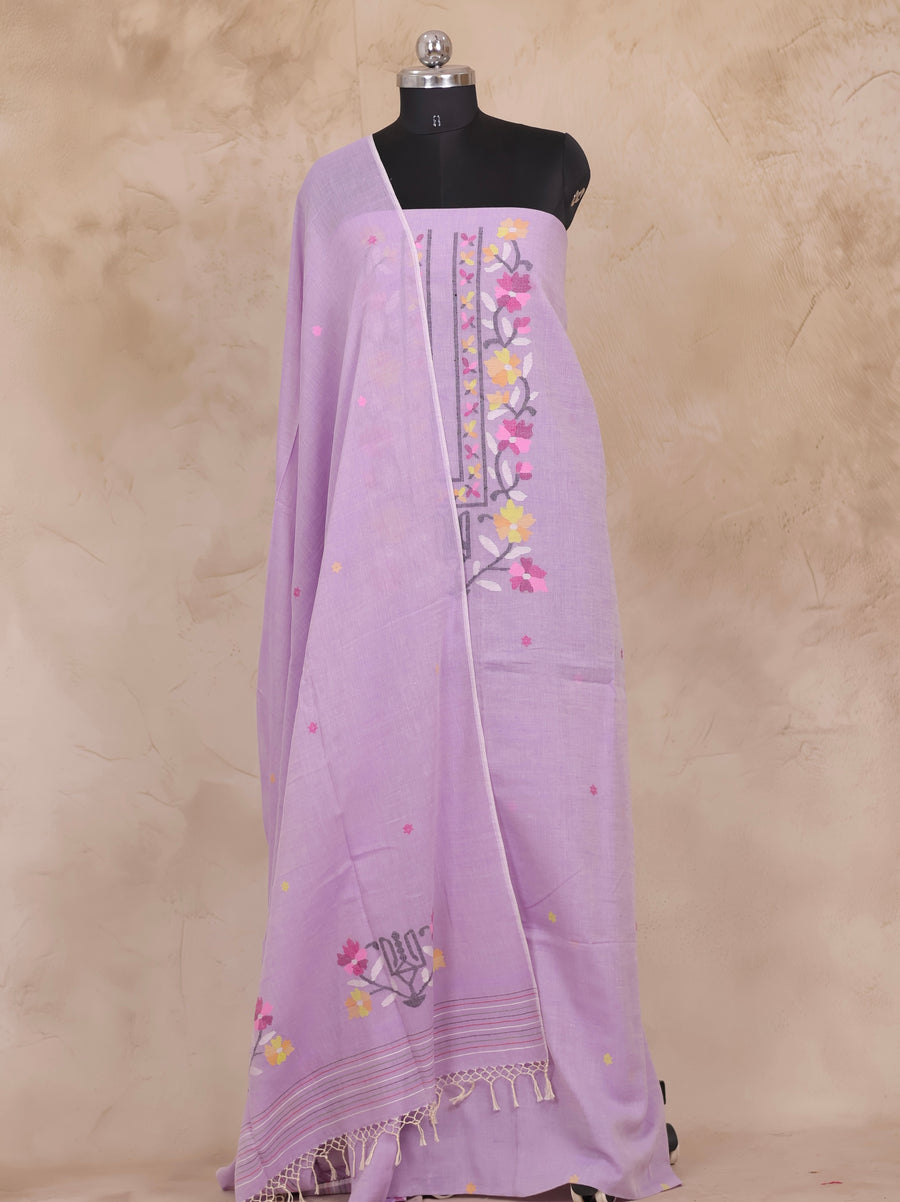 Lavender Handwoven Jamdhani weaving pure Malai cotton 2 piece suit sets | Looms & Tassels