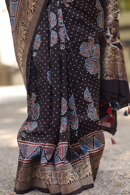 Ajrakh Dola Silk Saree