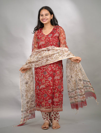 Red Handblock printed kota 3 piece suit (stitched)