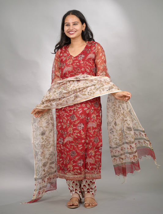 Red Handblock printed kota 3 piece suit (stitched)