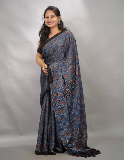 Indigo Blue Authentic Ajrakh Handblock Printed Modal Silk Saree | Looms & Tassels