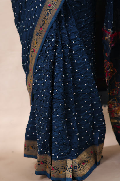 Cyan Blue Handcrafted Bandhani Paithani Dola Silk Saree | Looms & Tassels