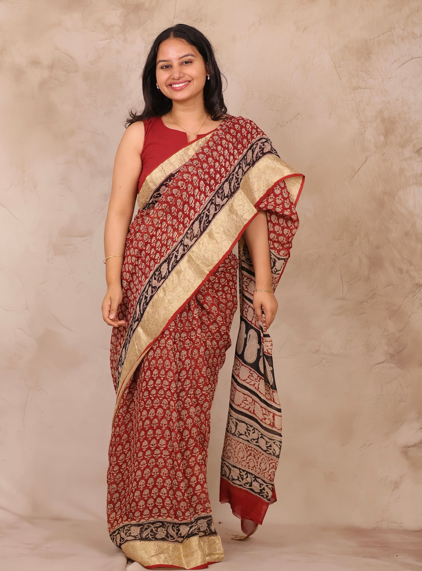 Maroon Chiffon Hand Block Printed Saree with Jari Border | Looms & Tassels