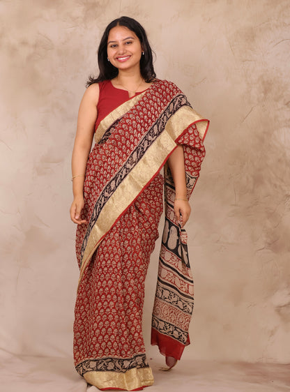 Maroon Chiffon Hand Block Printed Saree with Jari Border | Looms & Tassels