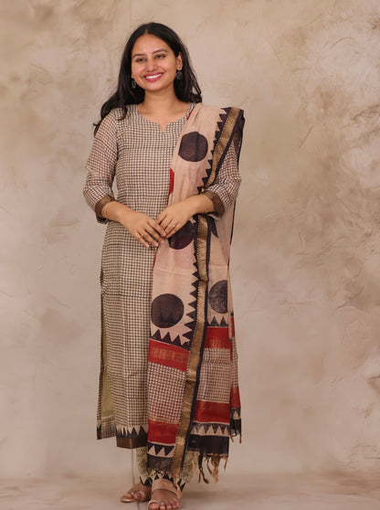 Cream stripes Handblock printed Pure Maheswari Silk 3 piece suit (stitched)