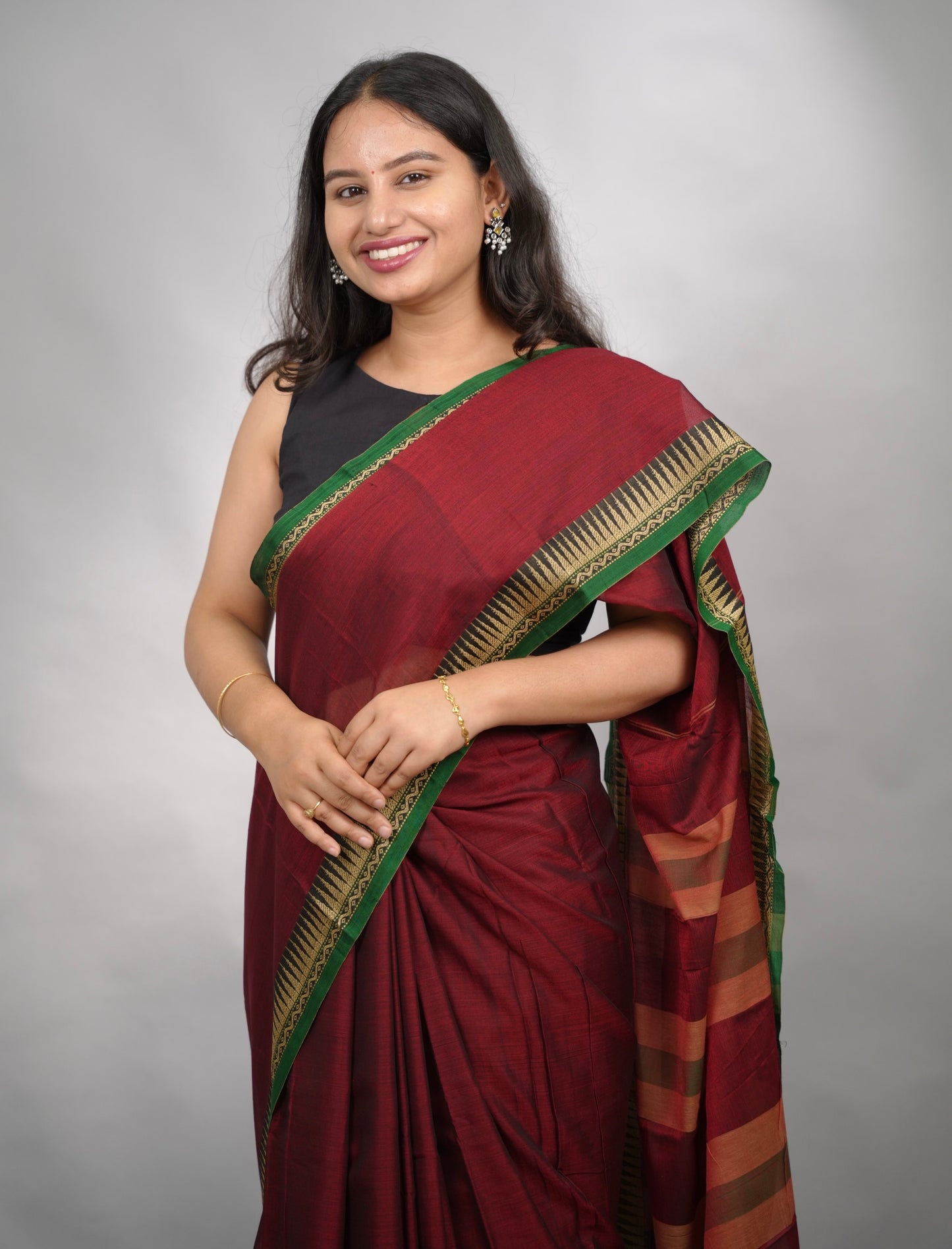 Maroon Narayanpet Cotton Saree With Temple Border | Looms & Tassels