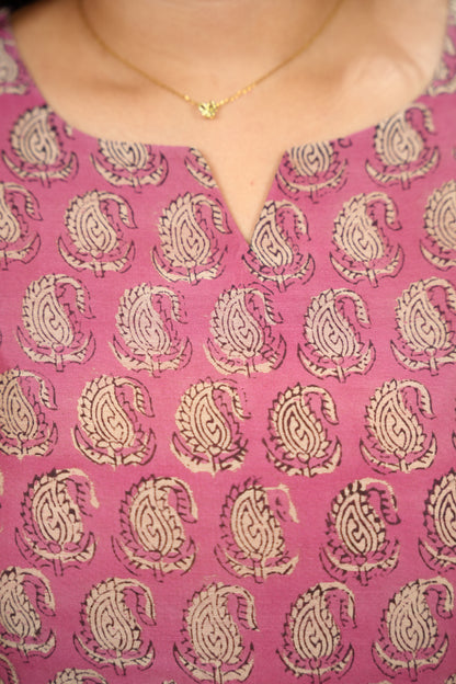 Pink Handblock printed Pure Chenderi Silk 3 piece suit (stitched) | Looms & Tassels