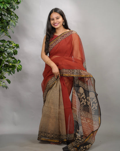 Maroon Pure Kota Doria Saree with Bagru Handblock Prints