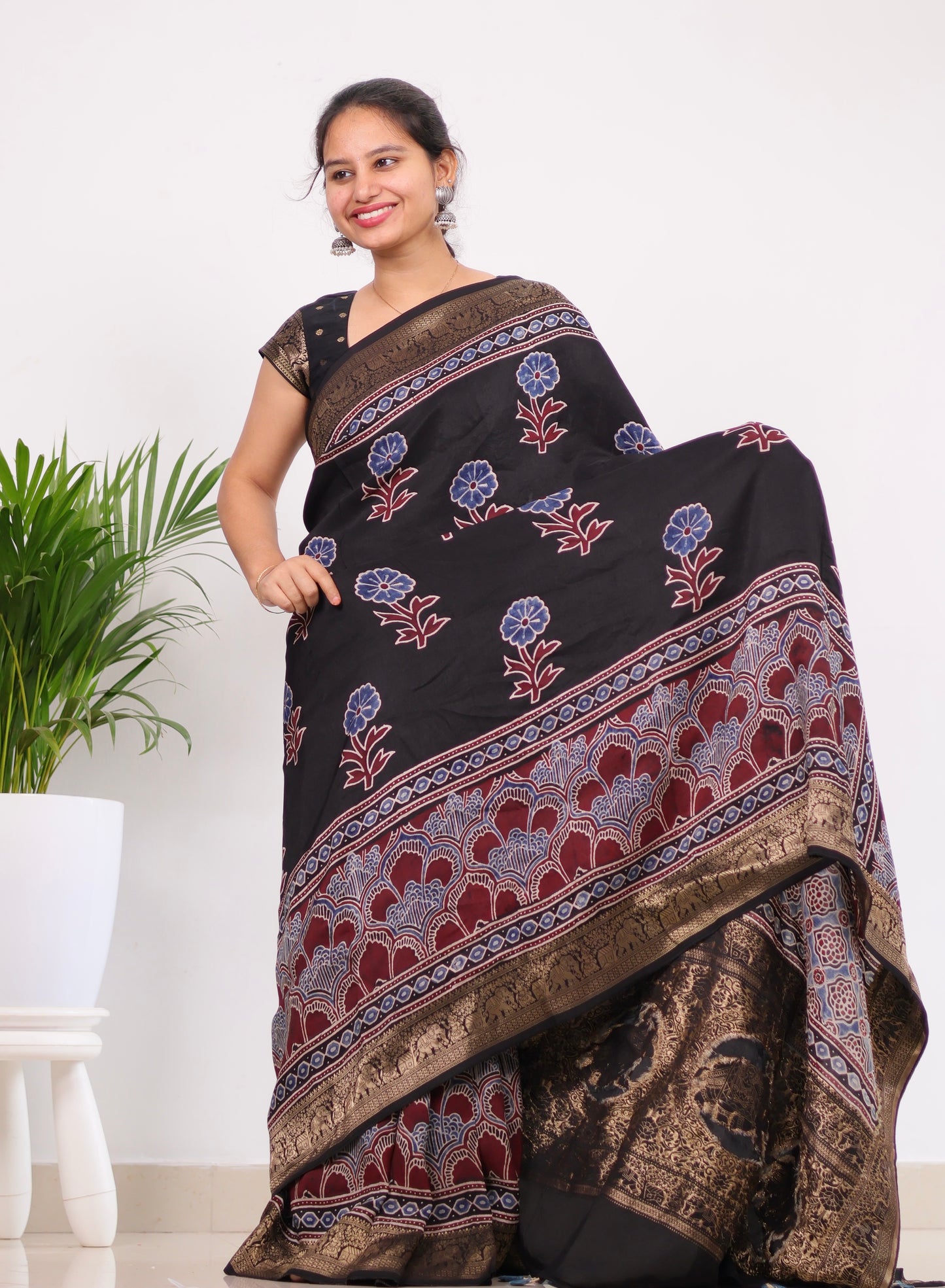 Black Ajrakh Dola Silk Saree