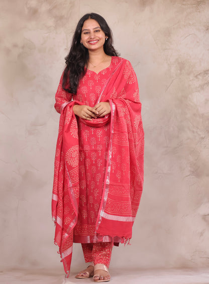 Pink Linen Cotton Handblock printed 3 piece suit (stitched)