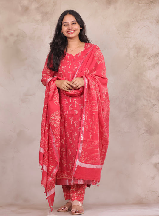 Pink Linen Cotton Handblock printed 3 piece suit (stitched)