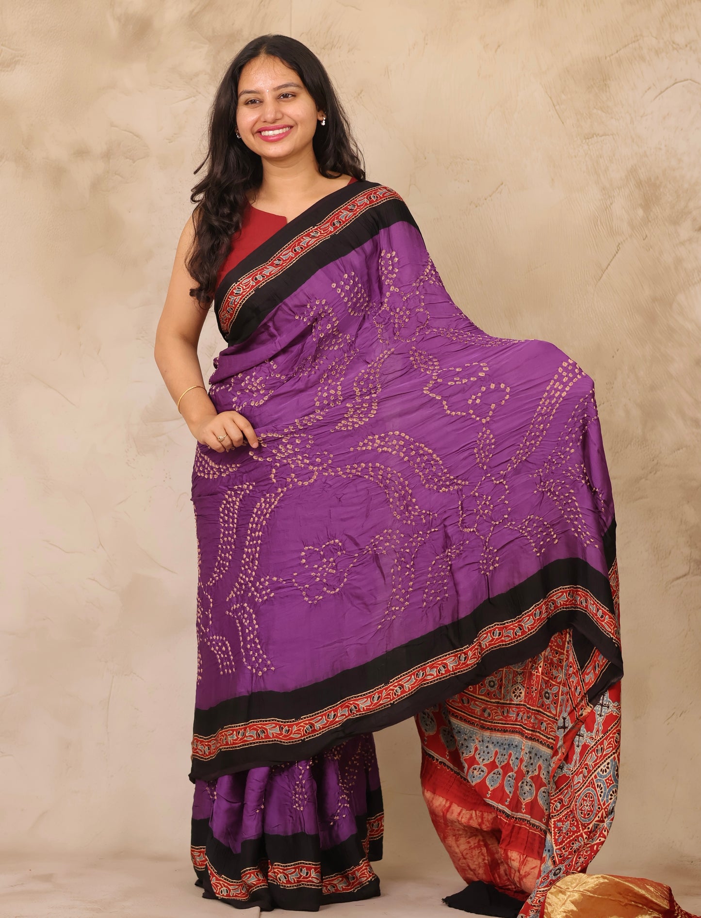 Violet Hand Knotted Bandhej Arakh Modal Silk Saree with Lagdi Pallu | Looms & Tassels