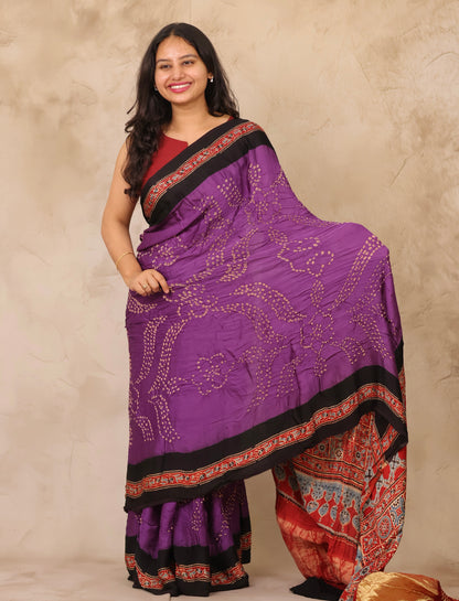 Violet Hand Knotted Bandhej Arakh Modal Silk Saree with Lagdi Pallu | Looms & Tassels