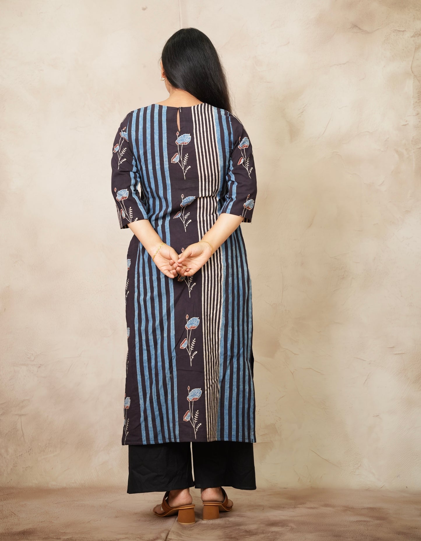 Blue & Black Ajrakh Pattern Hand Block printed Kurti | Looms & Tassels
