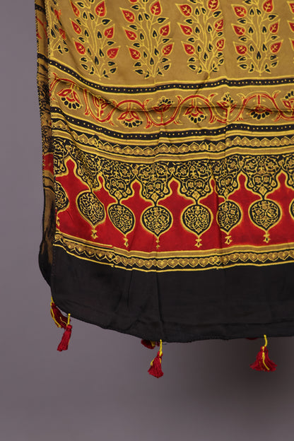 Mustard Ajrakh Hand Block Printed Modal Silk Stole | Looms & Tassels