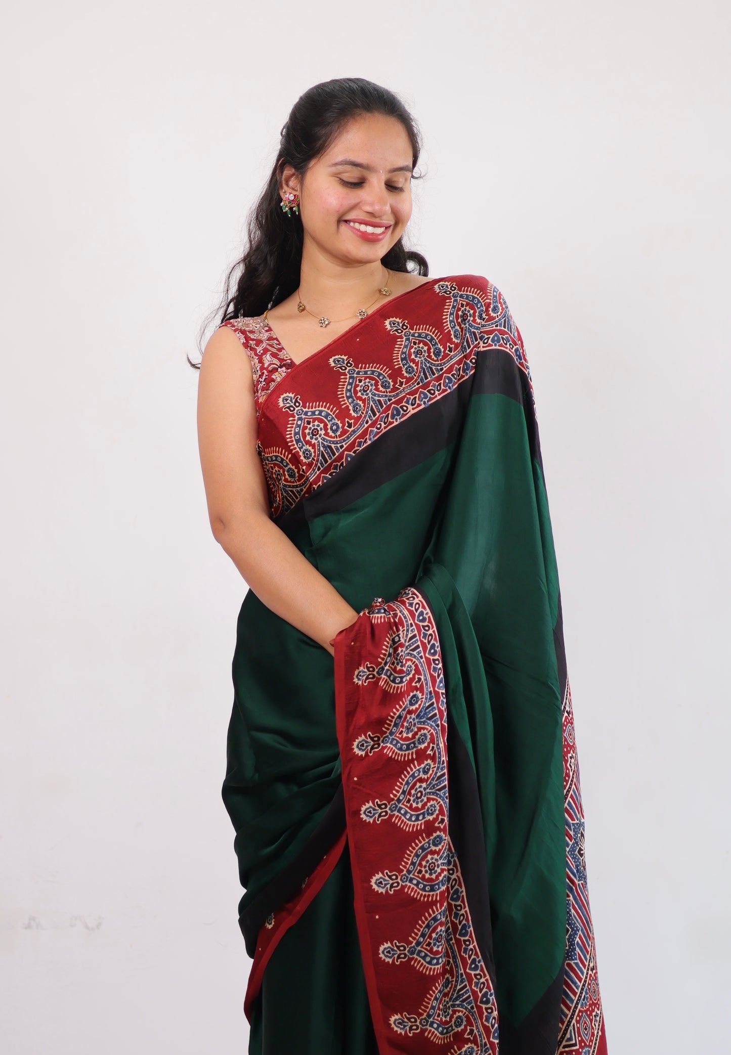 Green Ajrakh Modal Silk Saree