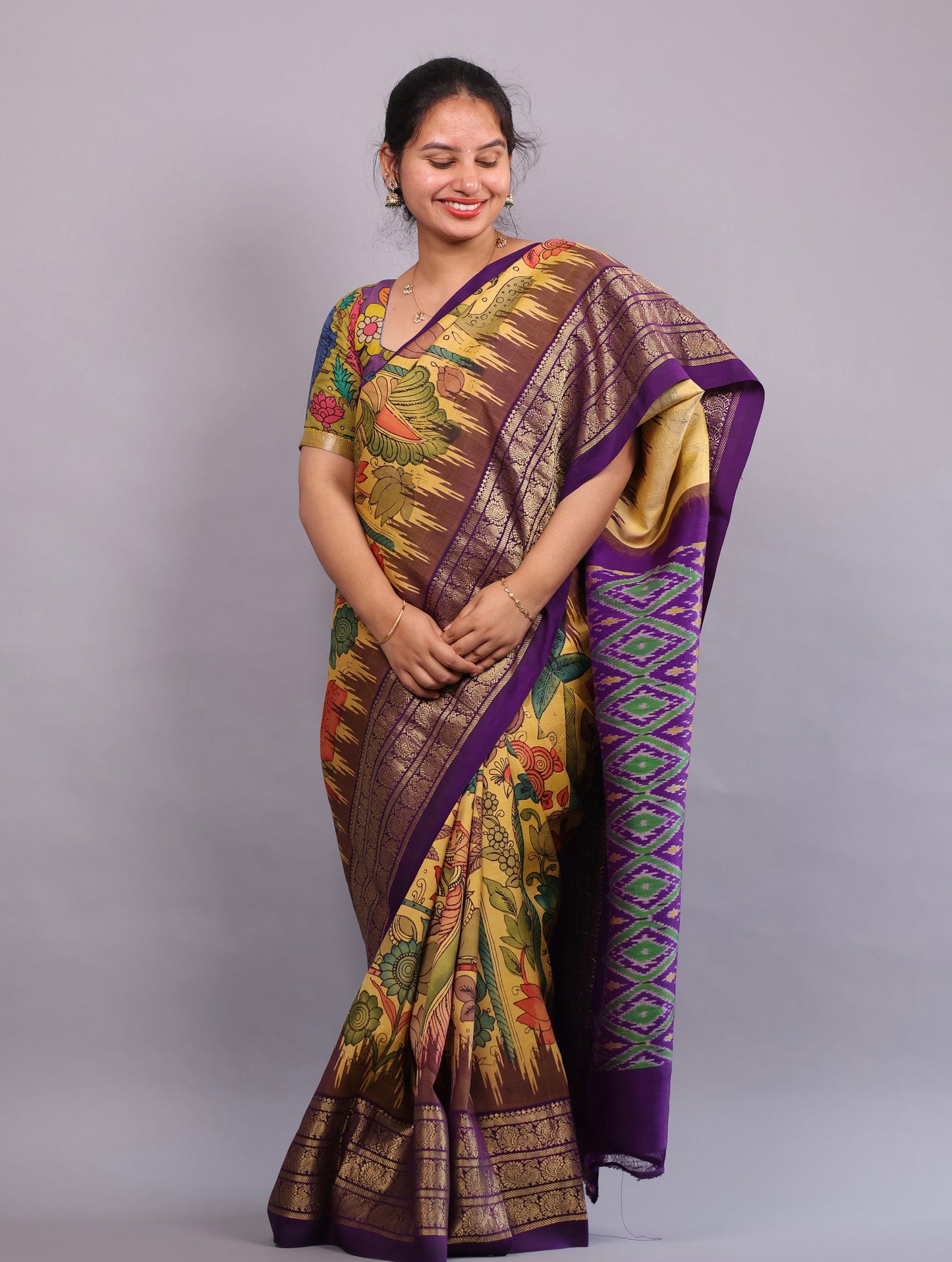 Yellow Kanchi Pattu Hand Painted Pen Kalamkari Saree