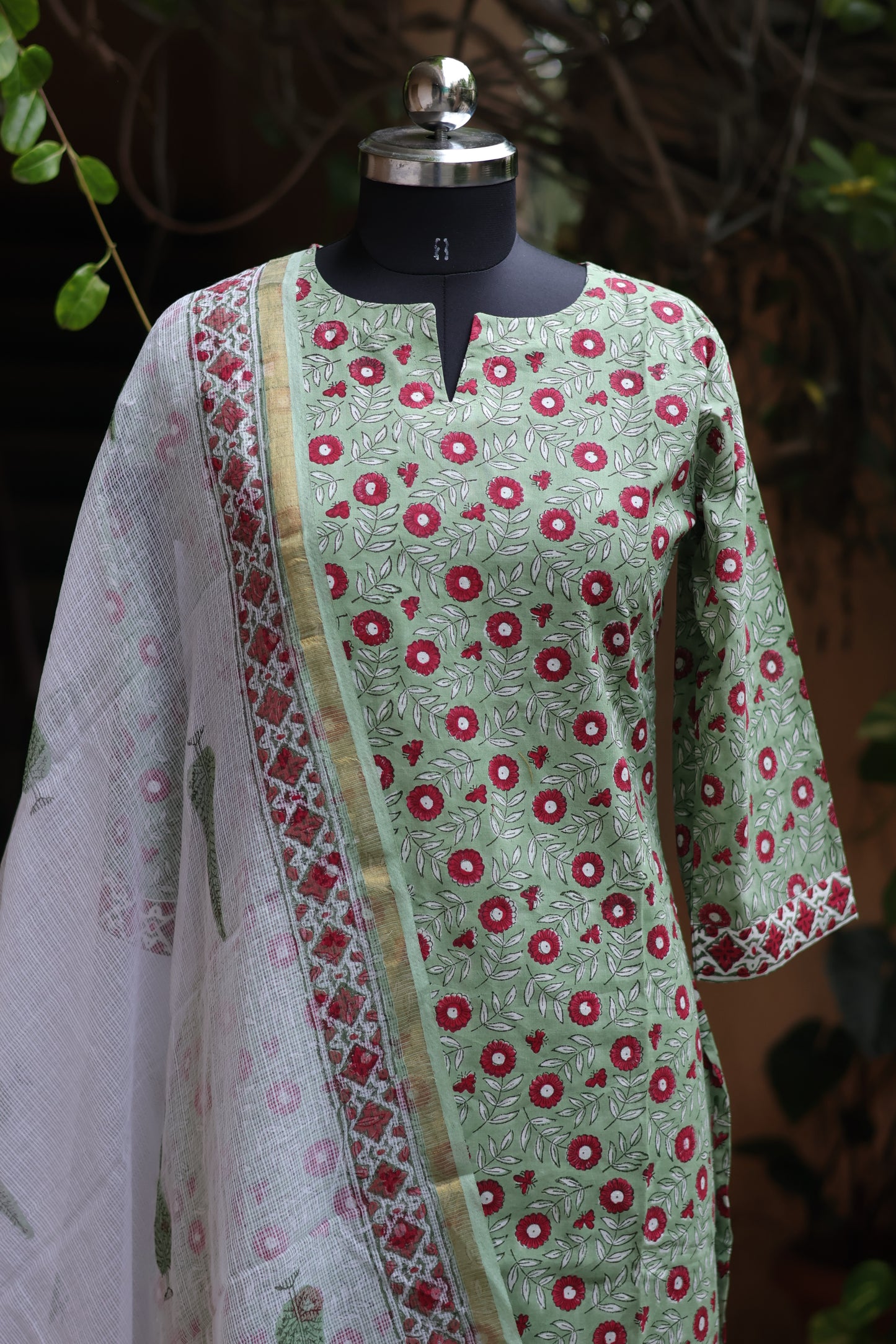 Pista Green Handblock printed Pure Mul Cotton with Kota Doria Duppata 3 piece suit (stitched)