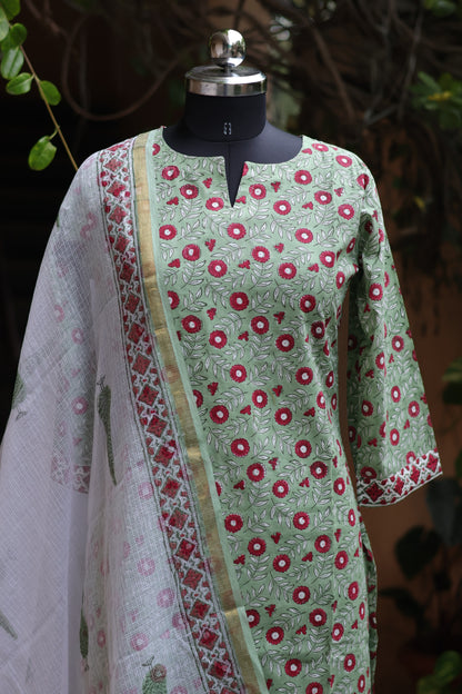 Pista Green Handblock printed Pure Mul Cotton with Kota Doria Duppata 3 piece suit (stitched)