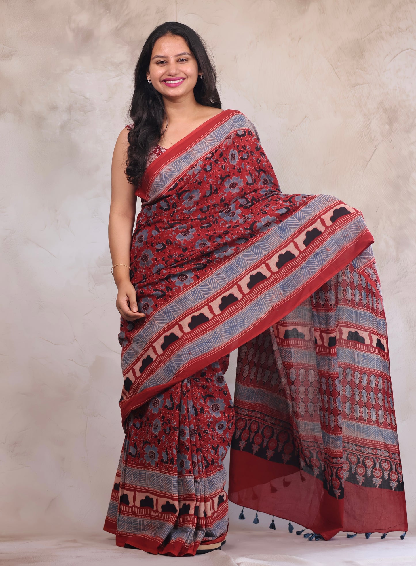 Red Ajrakh Hand Block Printed Mul Cotton Saree | Looms & Tassels