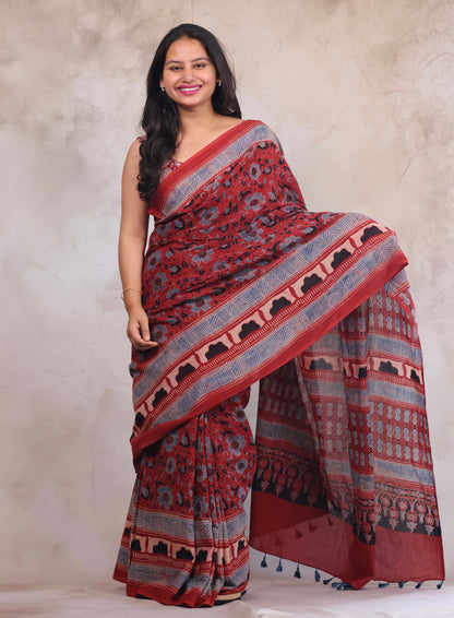 Red Ajrakh Hand Block Printed Mul Cotton Saree | Looms & Tassels