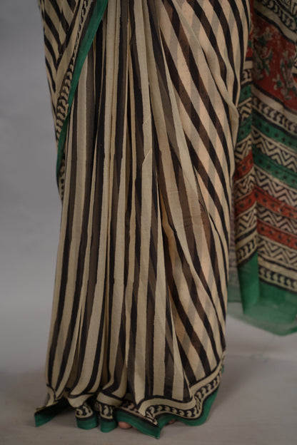 Stripes Chiffon Hand Block Printed Saree | Looms & Tassels