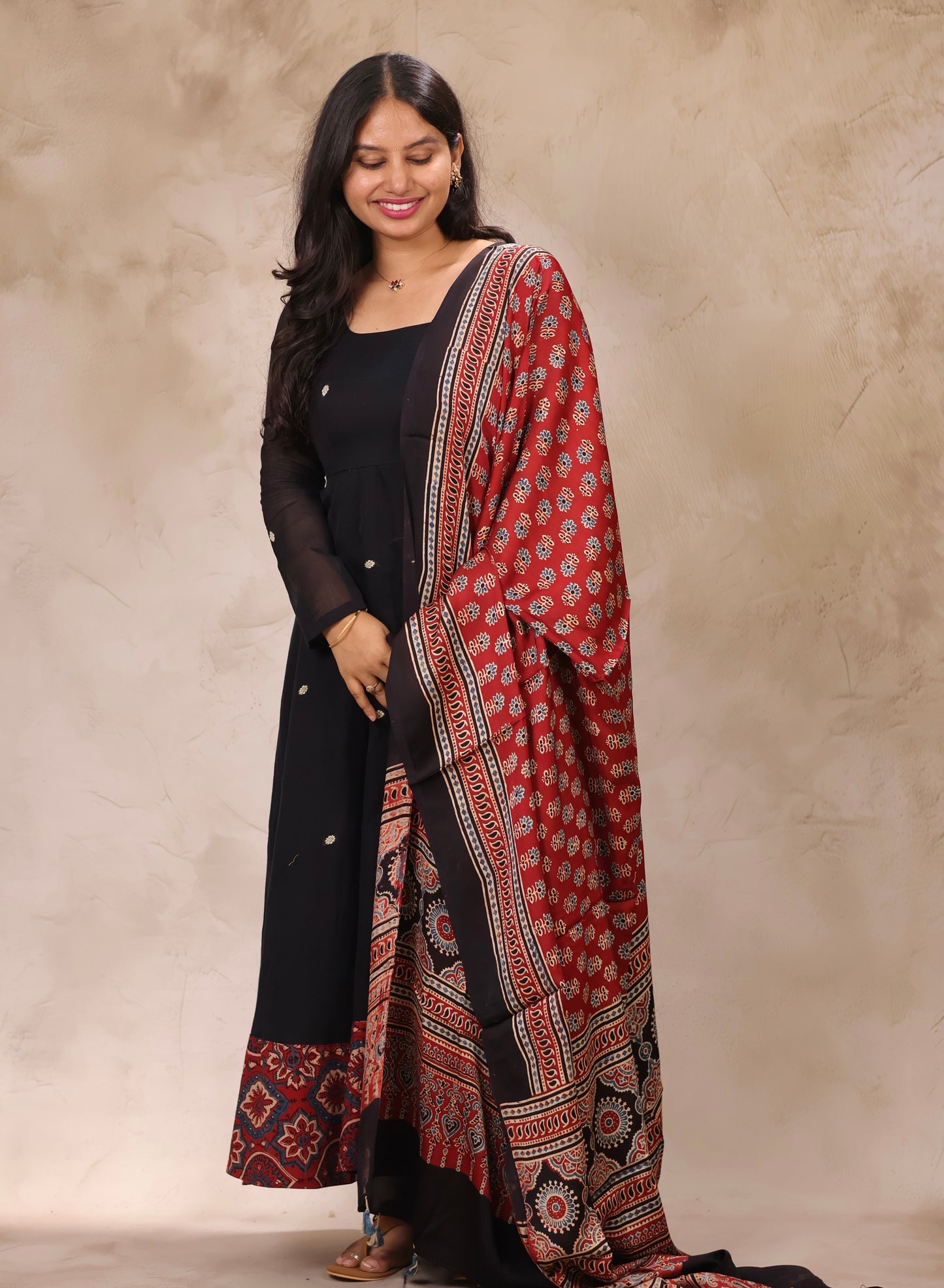 Black Ajrakh Patch Work Narayanpet Cotton Anarkali Dress with Ajrakh Modal Silk Dupatta | Looms & Tassels