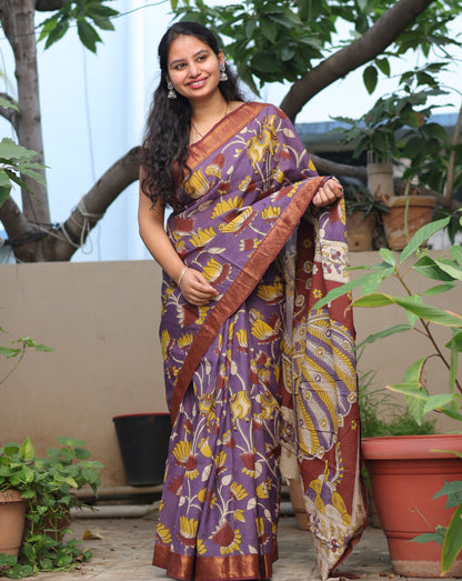 Purple Lotus & Pichwai Kalamkari Silk Handcrafted Nizam Border Saree