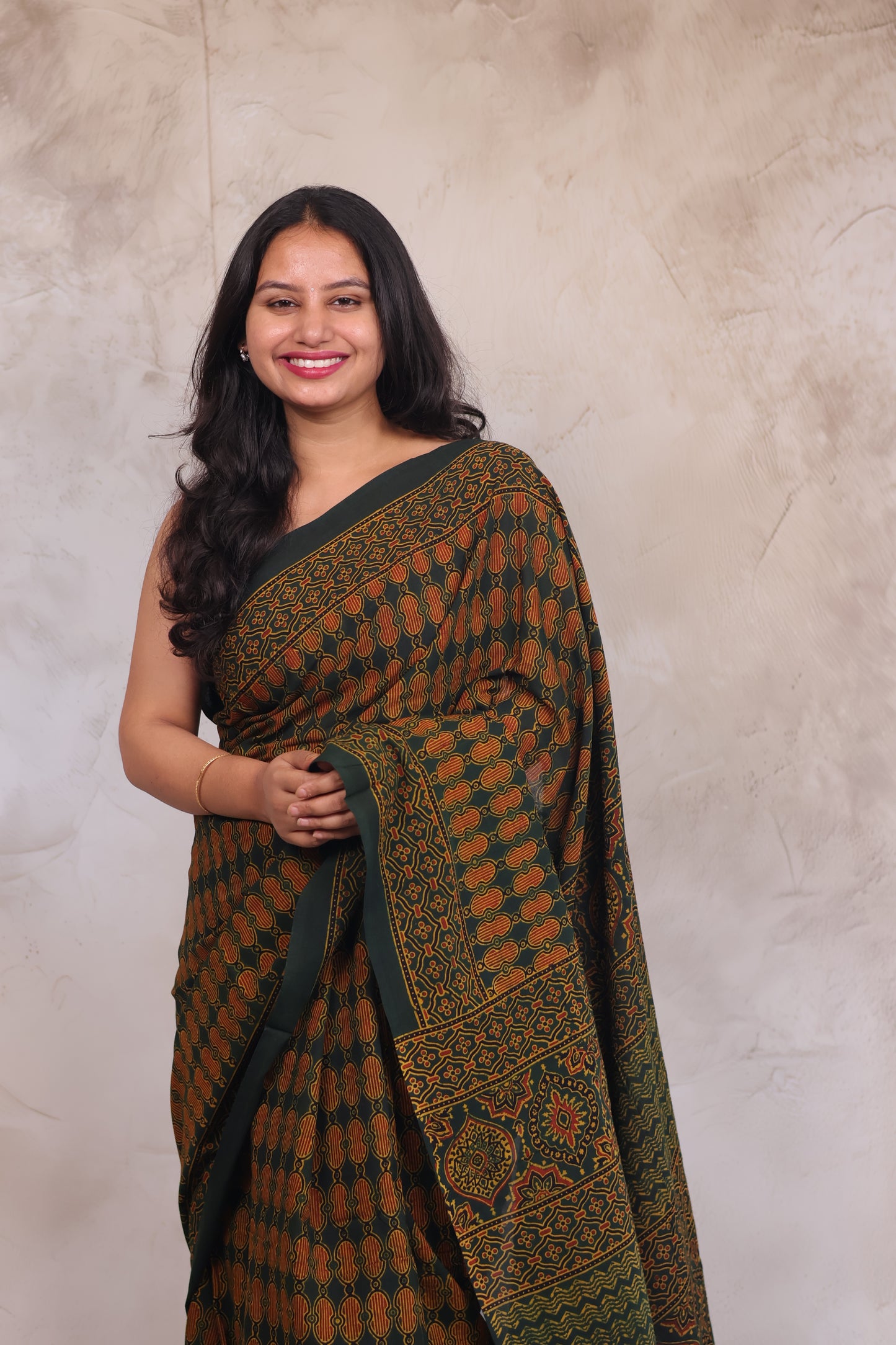 Green Ajrakh Hand Block Printed Mul Cotton Saree | Looms & Tassels
