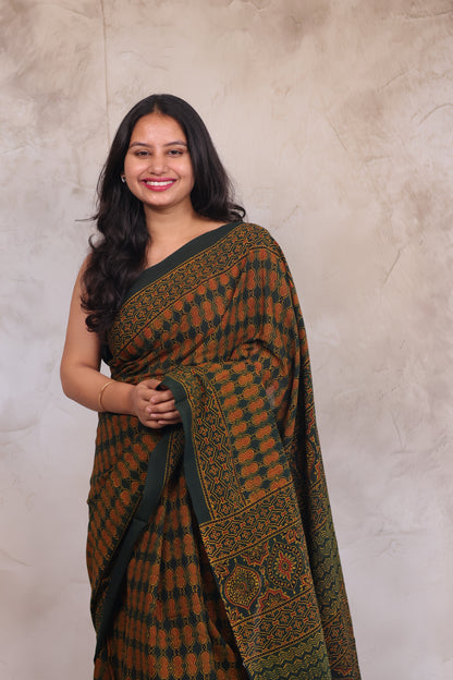 Green Ajrakh Hand Block Printed Mul Cotton Saree | Looms & Tassels