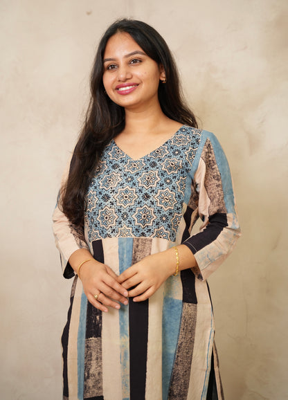 Contemporary Ajrakh Pattern Hand Block printed Kurti | Looms & Tassels
