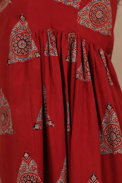 Red Pure Mul Cotton Ajrakh Aline Dress | Looms & Tassels