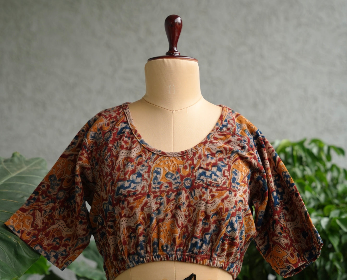 Maroon Round Neck Stretchable Hand block printed kalamkari blouse
