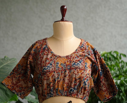 Maroon Round Neck Stretchable Hand block printed kalamkari blouse