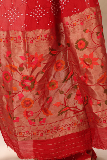 Red Handcrafted Pattern Bandhani Paithani Dola Silk Saree | Looms & Tassels