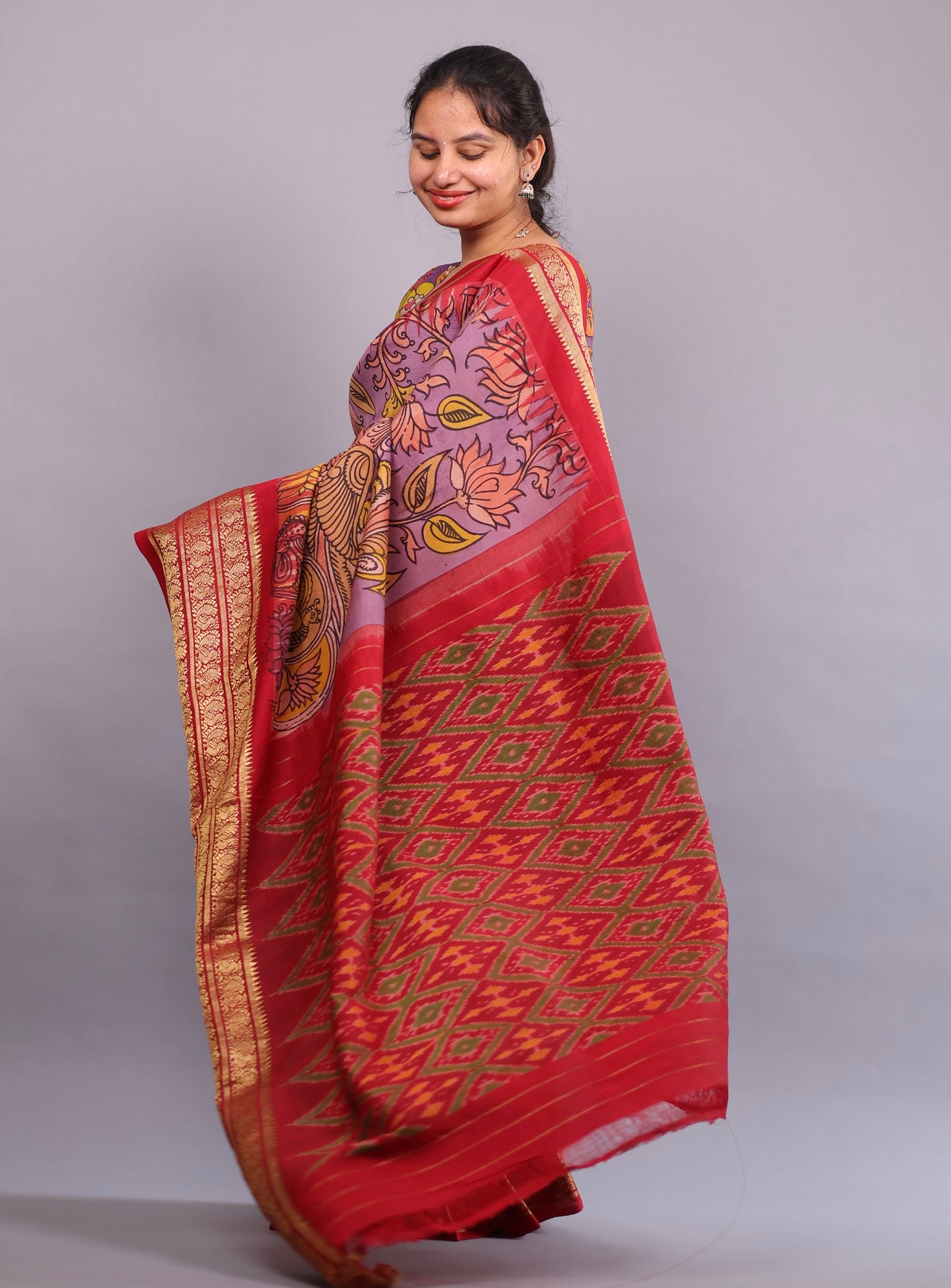 Lavender Kanchi Pattu Hand Painted Pen Kalamkari Saree