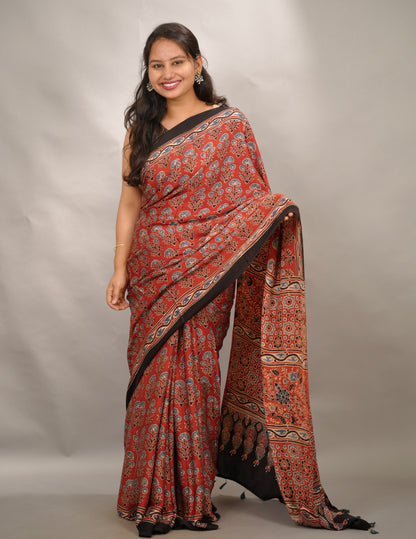 Maroon Kutchi Butta Authentic Ajrakh Handblock Printed Modal Silk Saree | Looms & Tassels